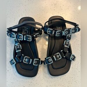 AGL Sandals Black Leather Flatform Buckle Slingback Adjustable Size 37